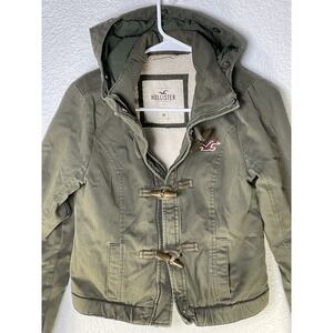 Hollister Jacket Womens Med Green Sherpa Fleece Lined Toggle Crop Coat Y2K 297